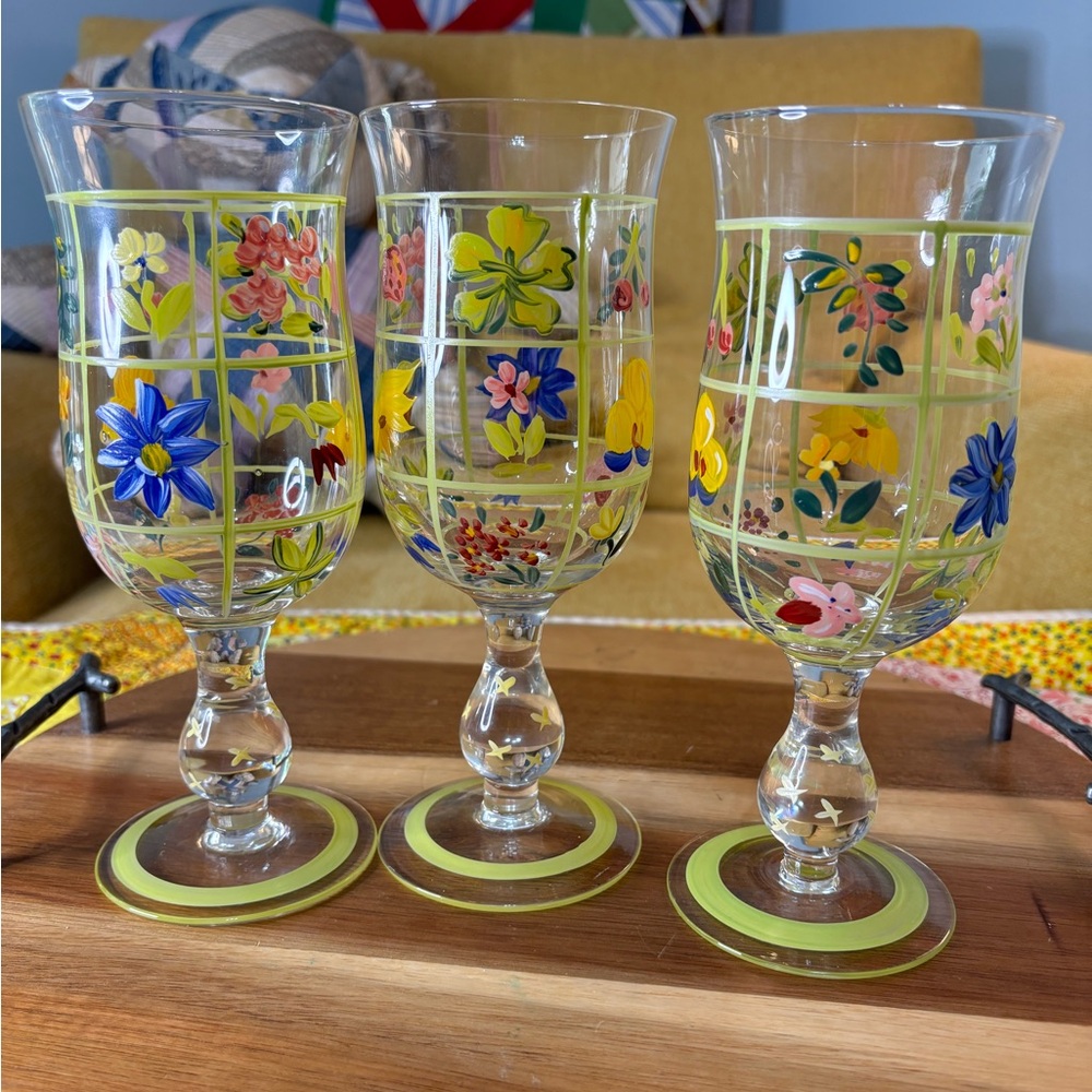 Three hand painted wine glasses